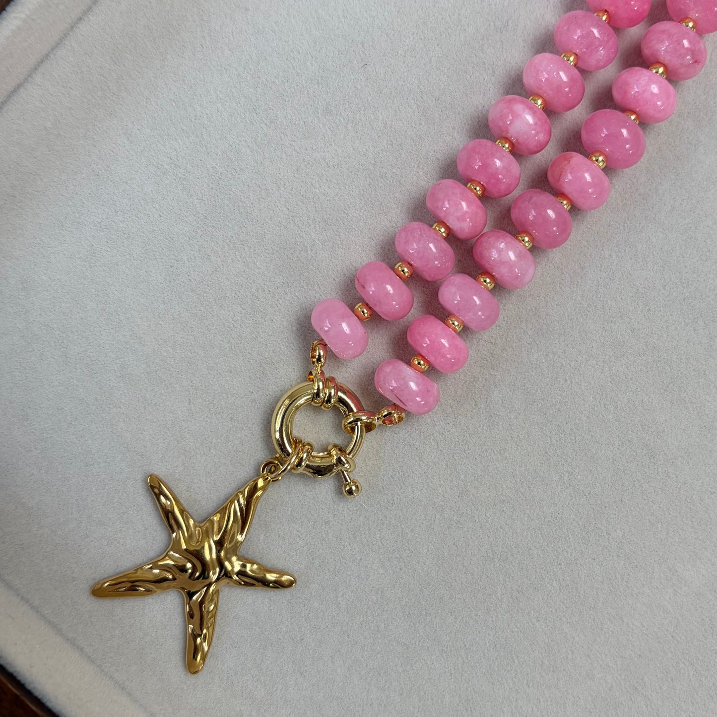 Pink Glass Beaded Necklace with Gold Starfish Charm