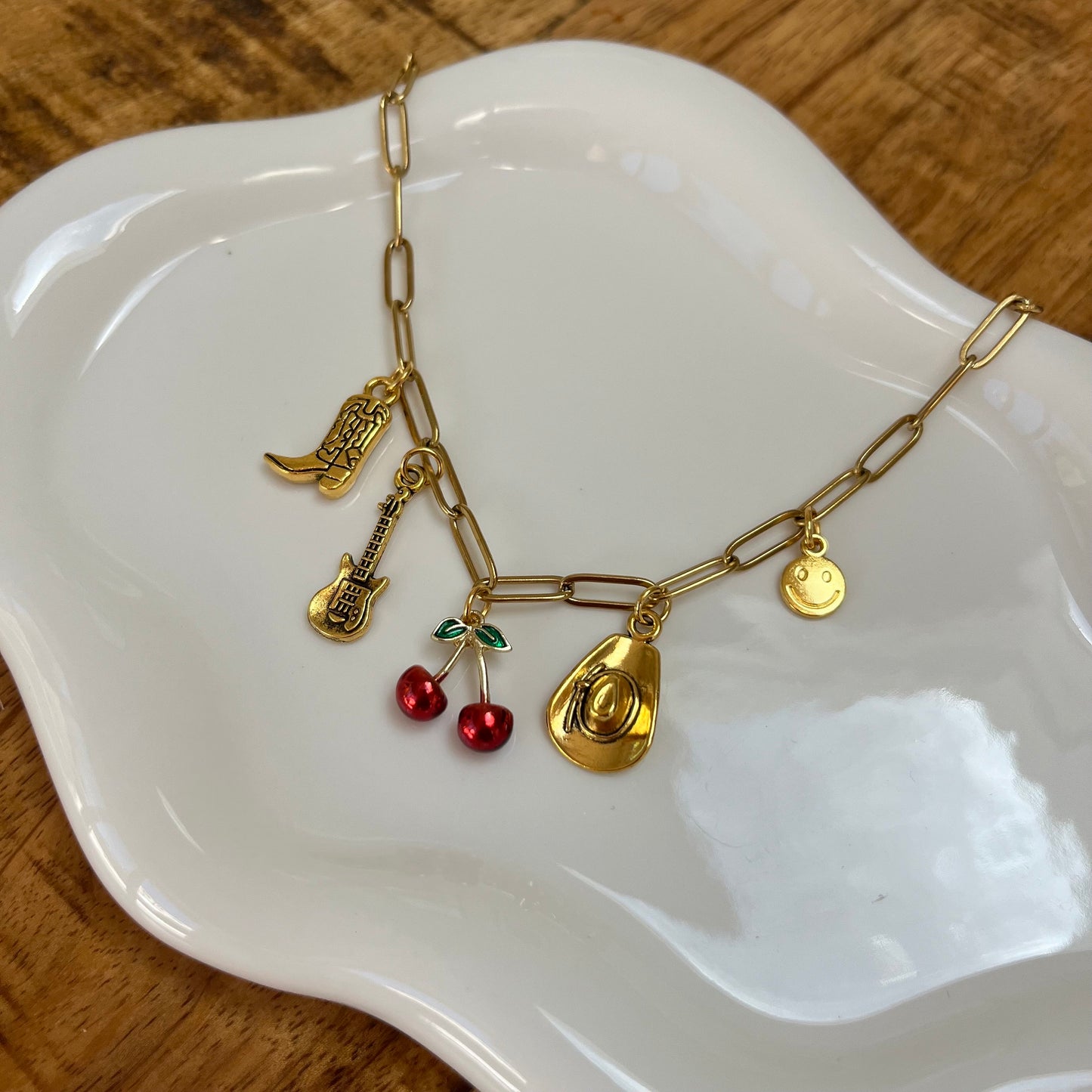 Gold Charm Necklace with Cherries, Cowboy Boot, Guitar, Hat, Smiley Face