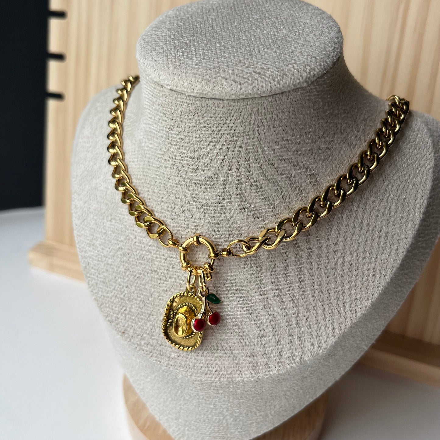 Chunky Chain Cowboy Pendant Necklace with Cherries