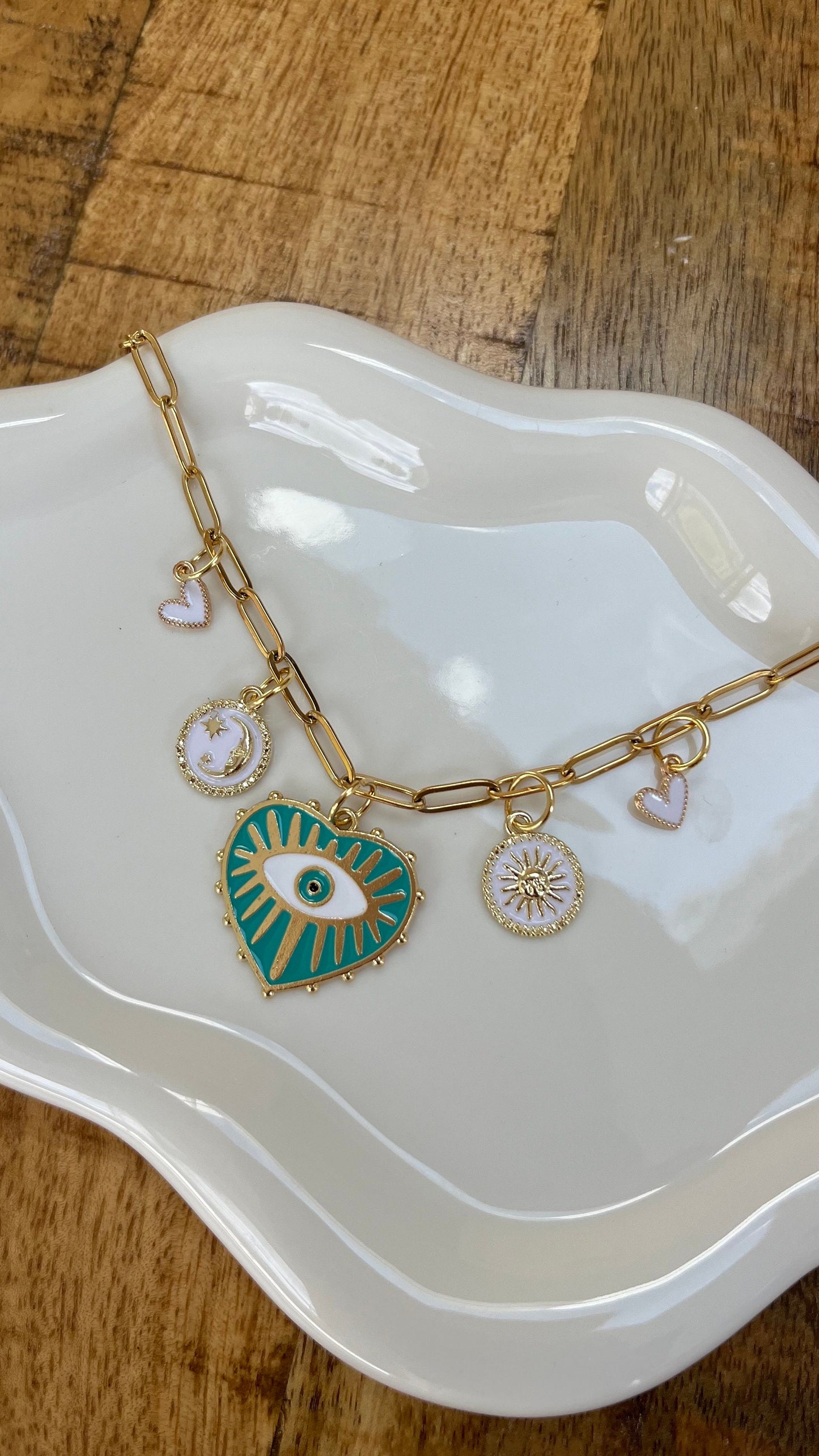 Gold Charm Necklace with Turquoise Heart Evil Eye, Moon, Stars