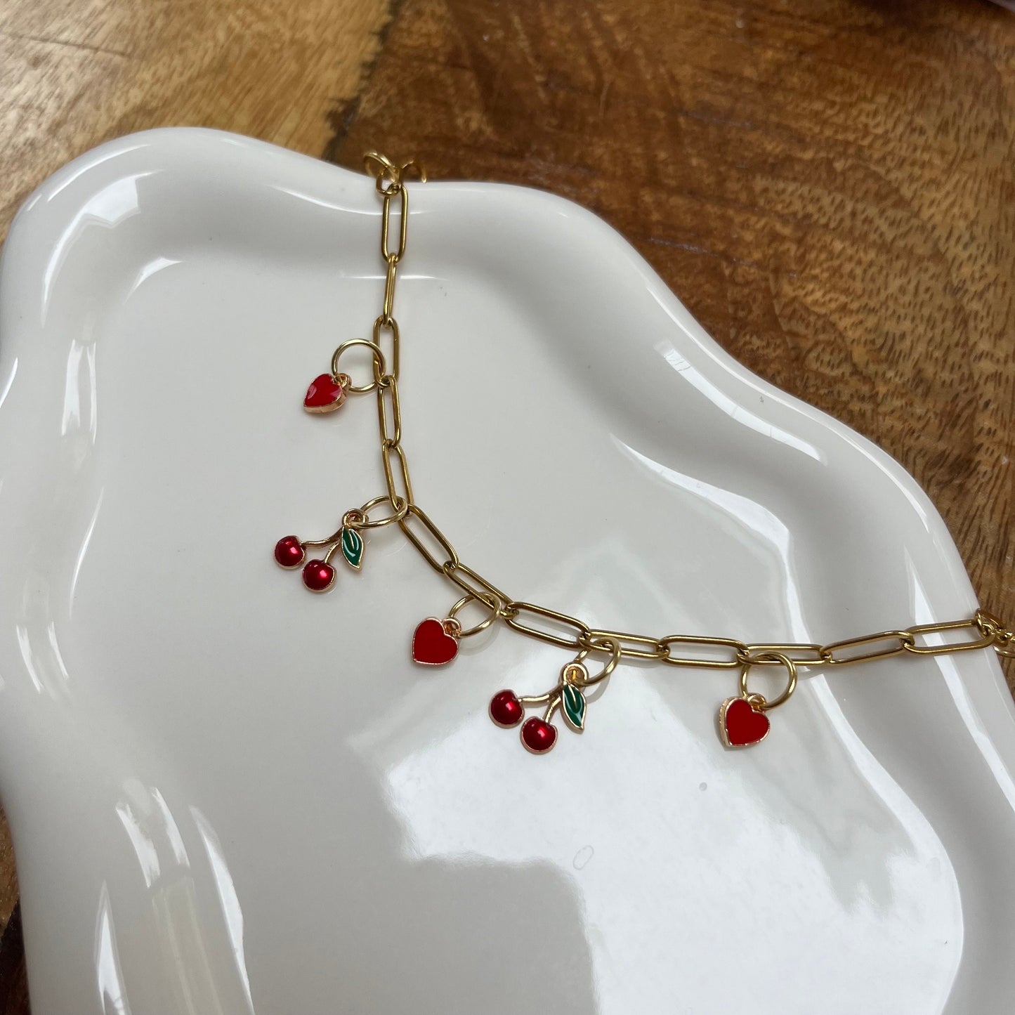 Gold Charm Bracelet with Cherries and Hearts
