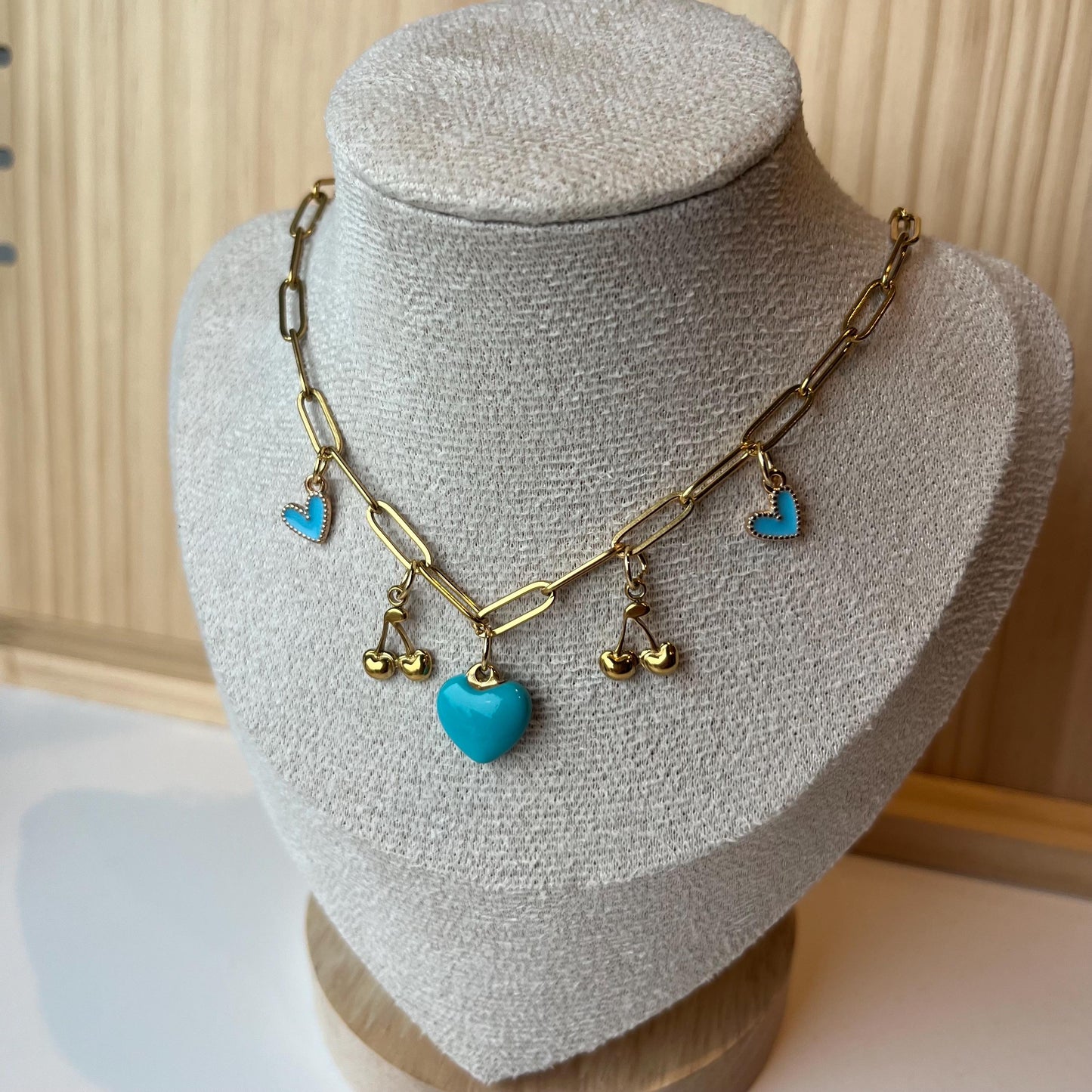 Gold Charm Necklace with Blue Hearts and Cherries
