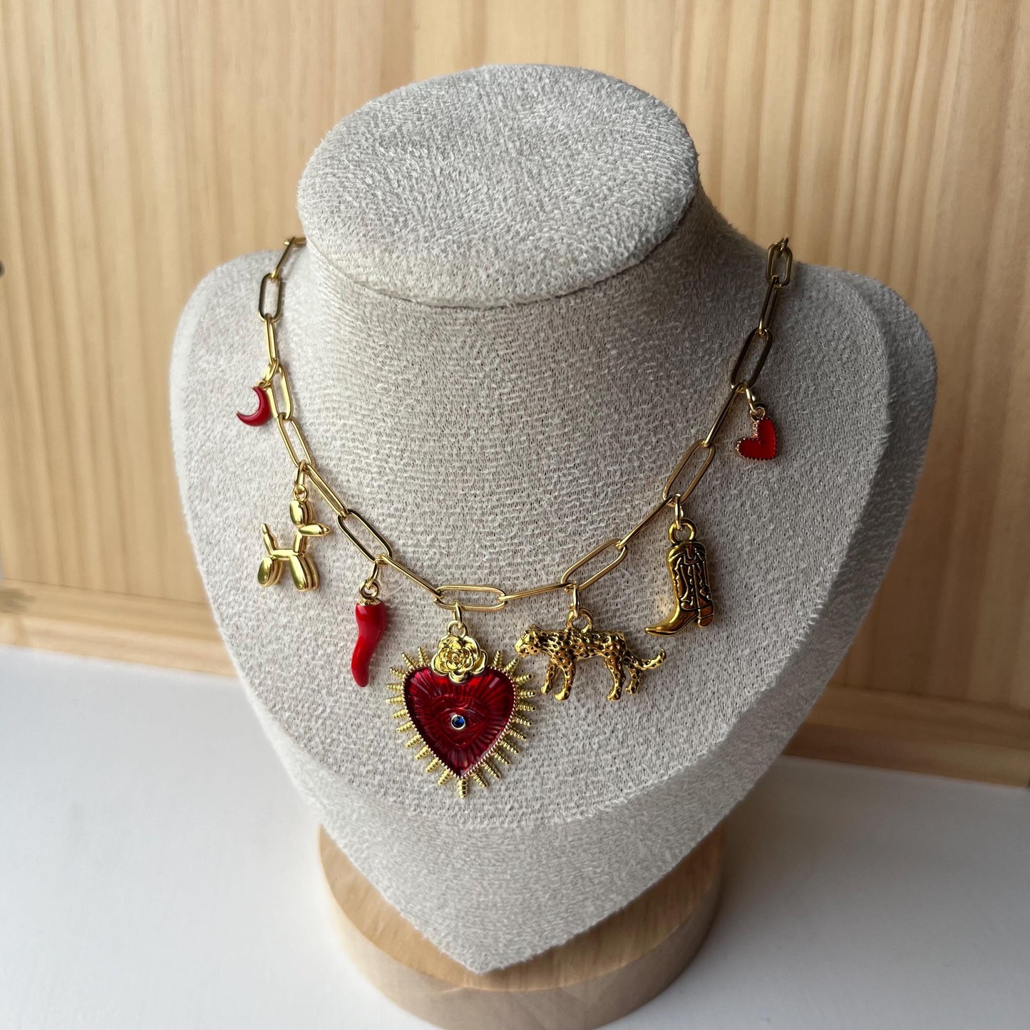 Gold Charm Necklace with Red Heart, Boot, Dog, Leopard Charms