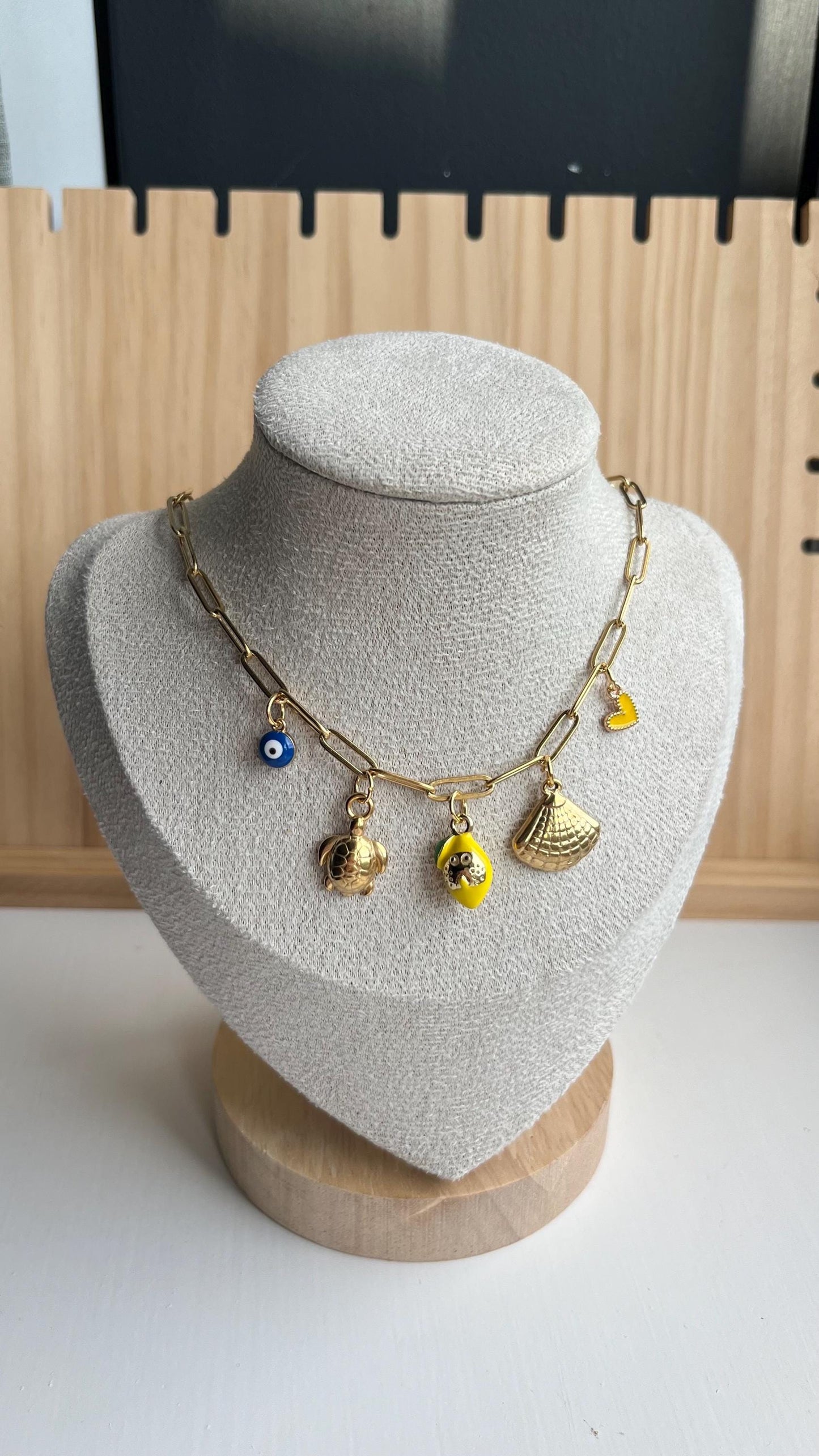 Gold Charm Necklace – Italy Lemon Charm Turtle, Evil Eye, Shell Charms