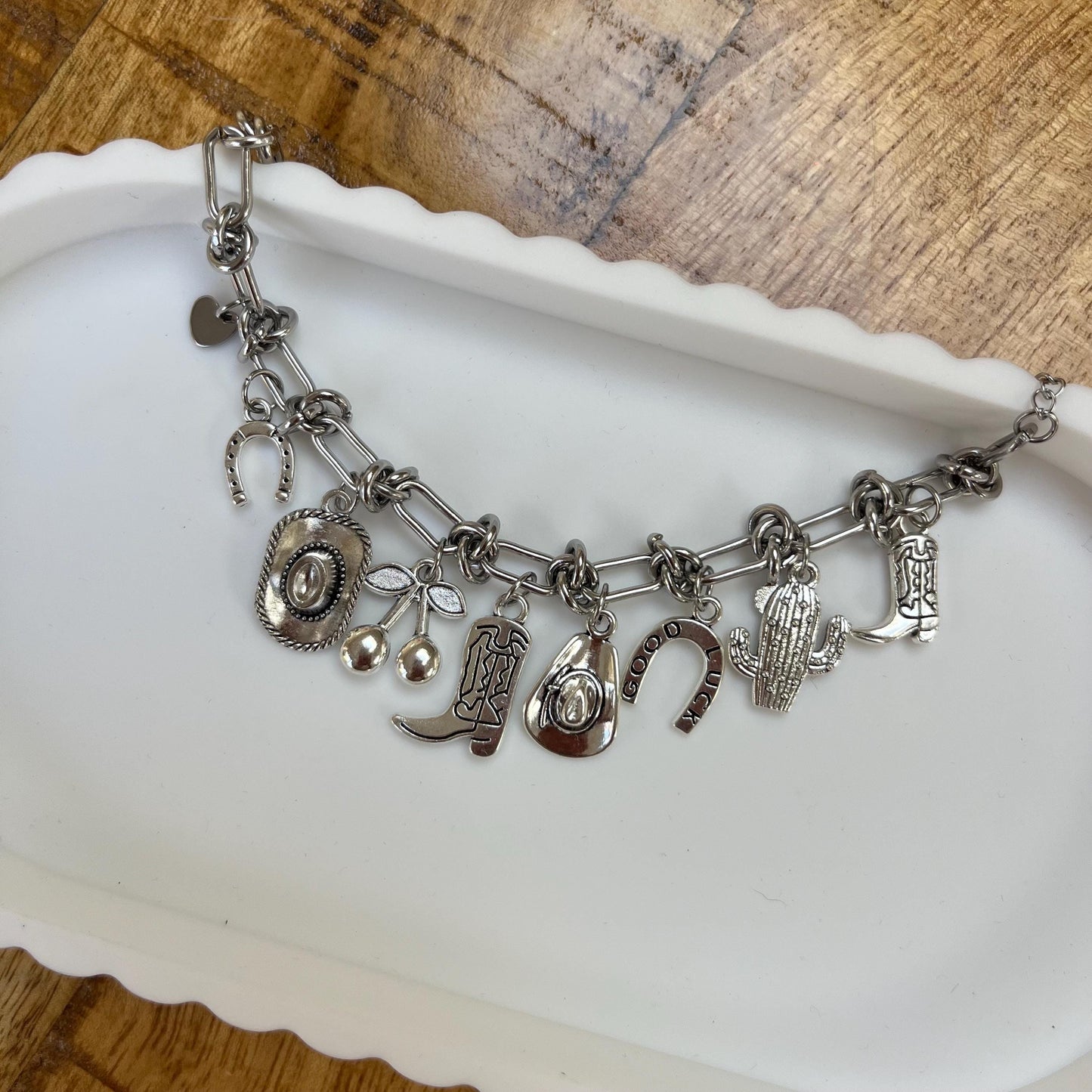 Cowboy Boot Cherry Silver Charm Bracelet