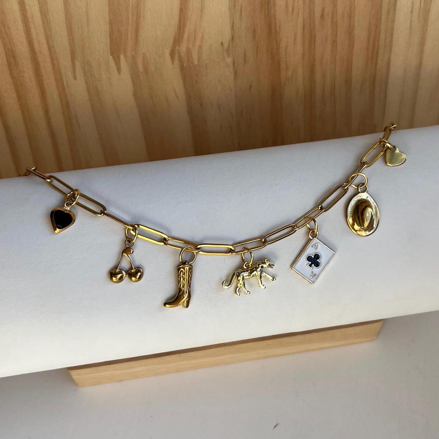 Gold Charm Necklace with Cherries, Cowboy Boot, Leopard, Ace Charms