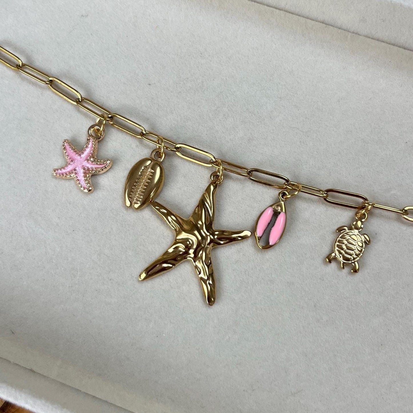 Gold Charm Necklace with Pink Seashells, Starfish, Turtle