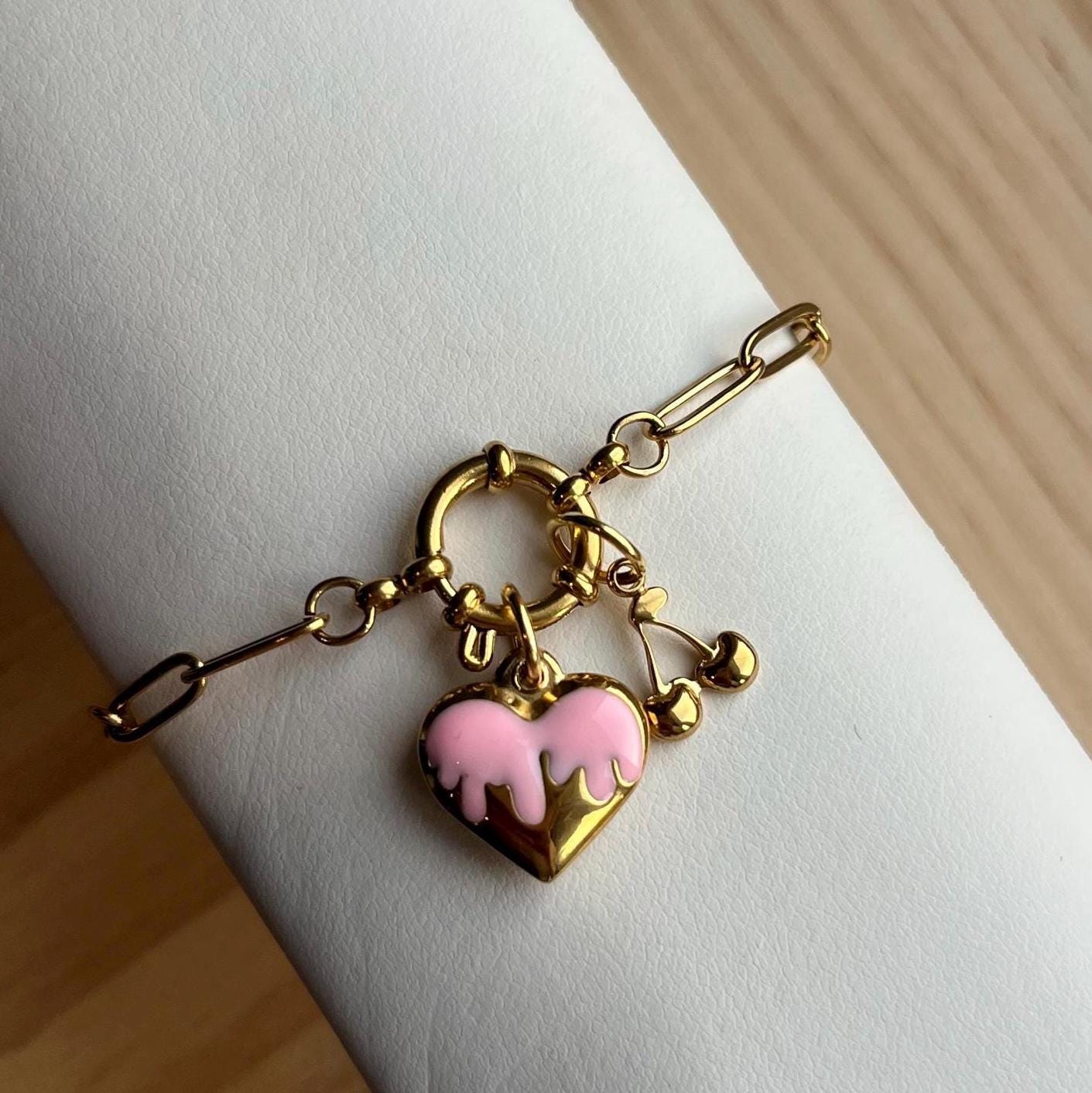 Gold Heart Cherry Charm Bracelet