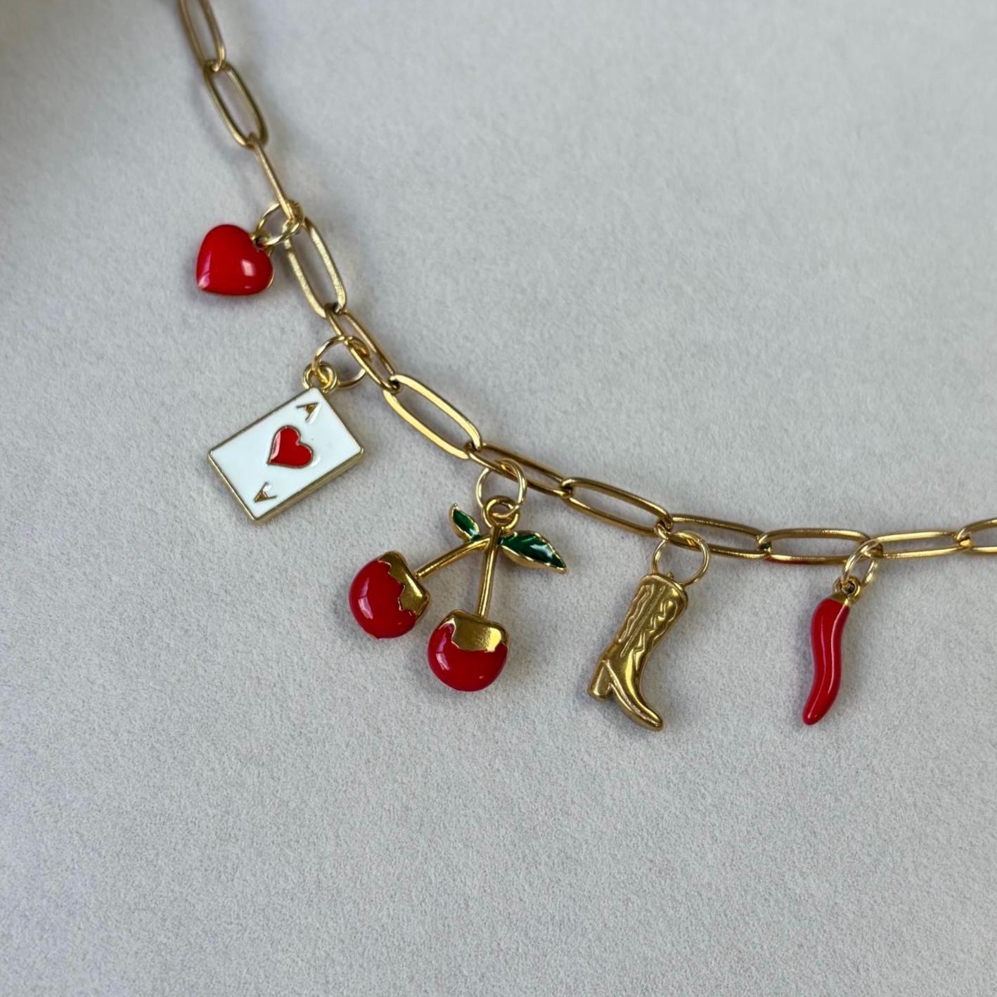 Gold Charm Necklace with Cherry, Boot, Chilli Charms