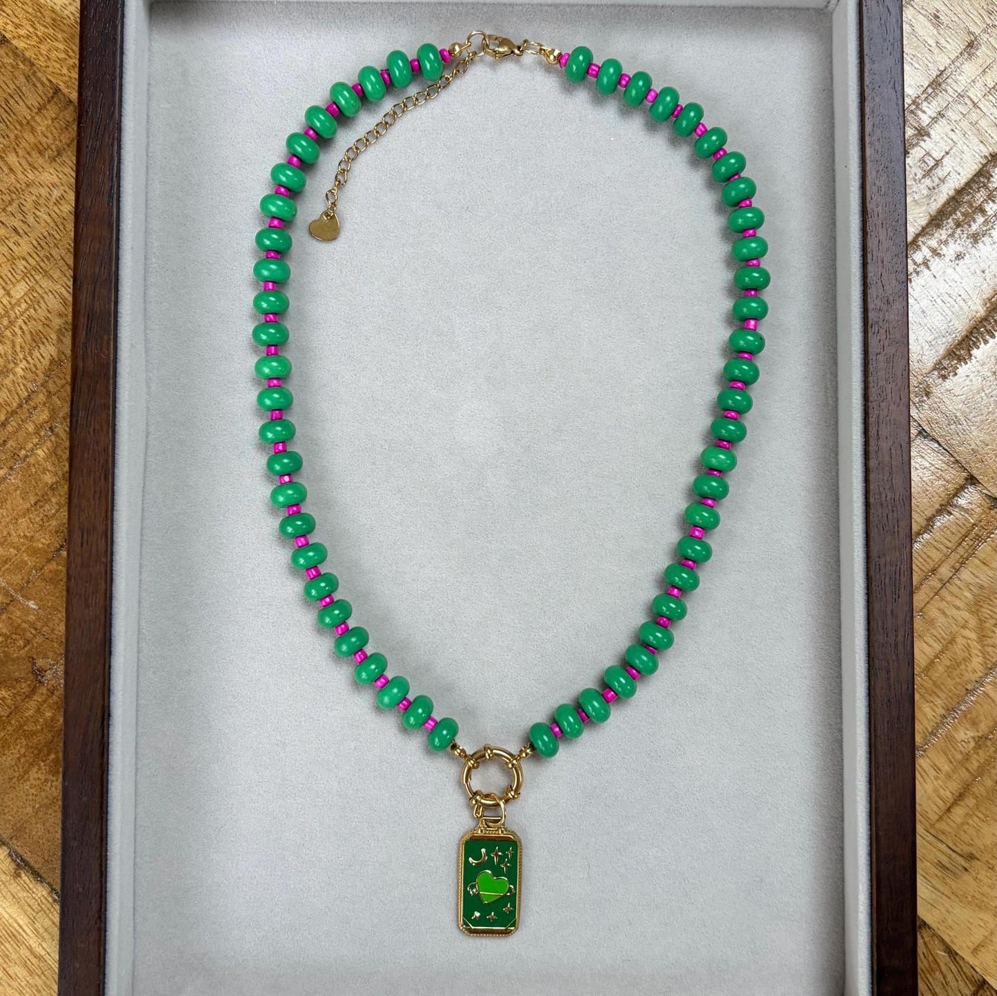Green Pink Beaded Necklace with Moon Stars Charm