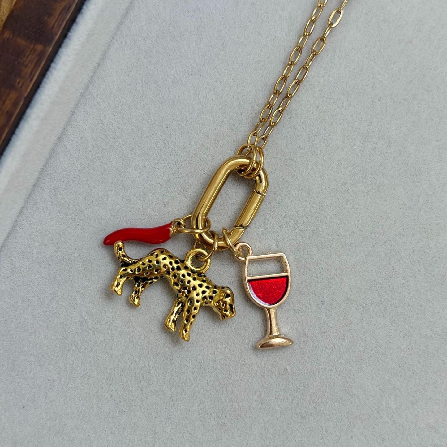 Gold Leopard, Chilli, Wine Glass Charm Necklace