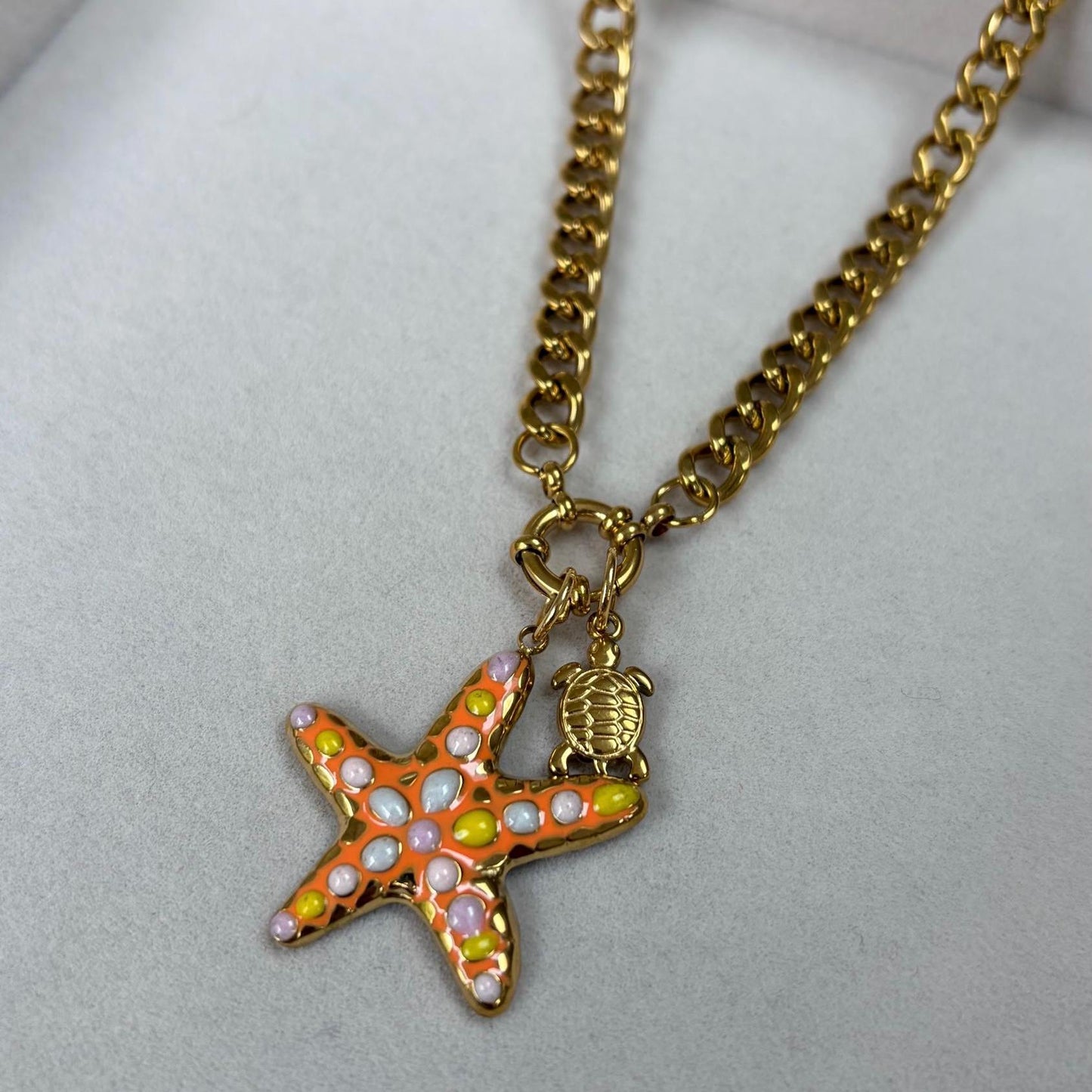 Orange Starfish Turtle Charm Necklace
