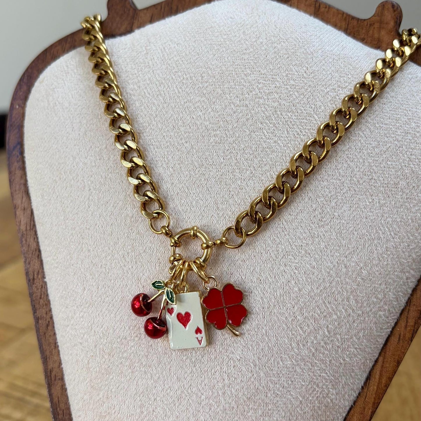 Gold Charm Necklace, Red Playing Card, Clover, Cherries, Ibiza Style
