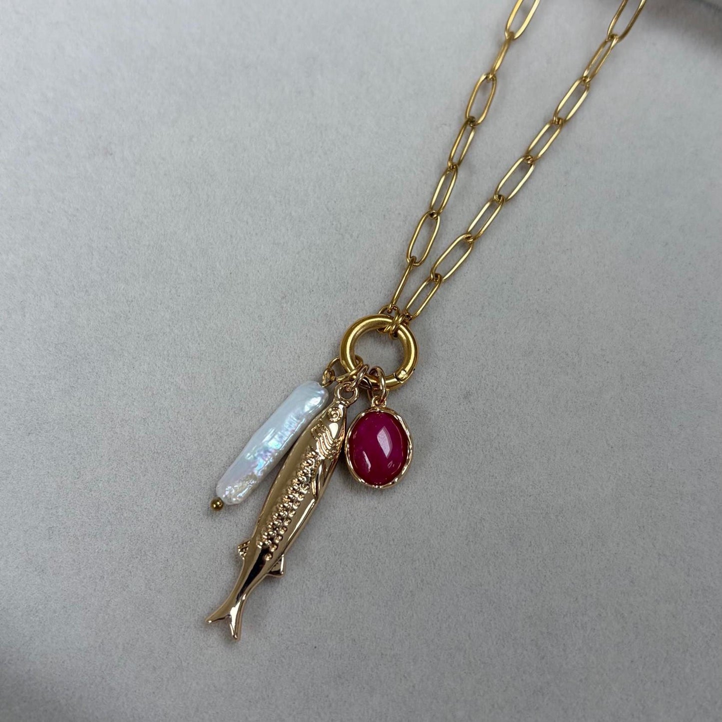 Gold Fish Pearl Oval Charm Necklace