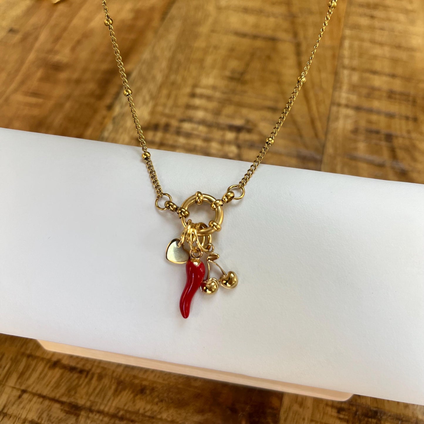Gold Charm Necklace – Red Chilli, Cherries, Heart Charms