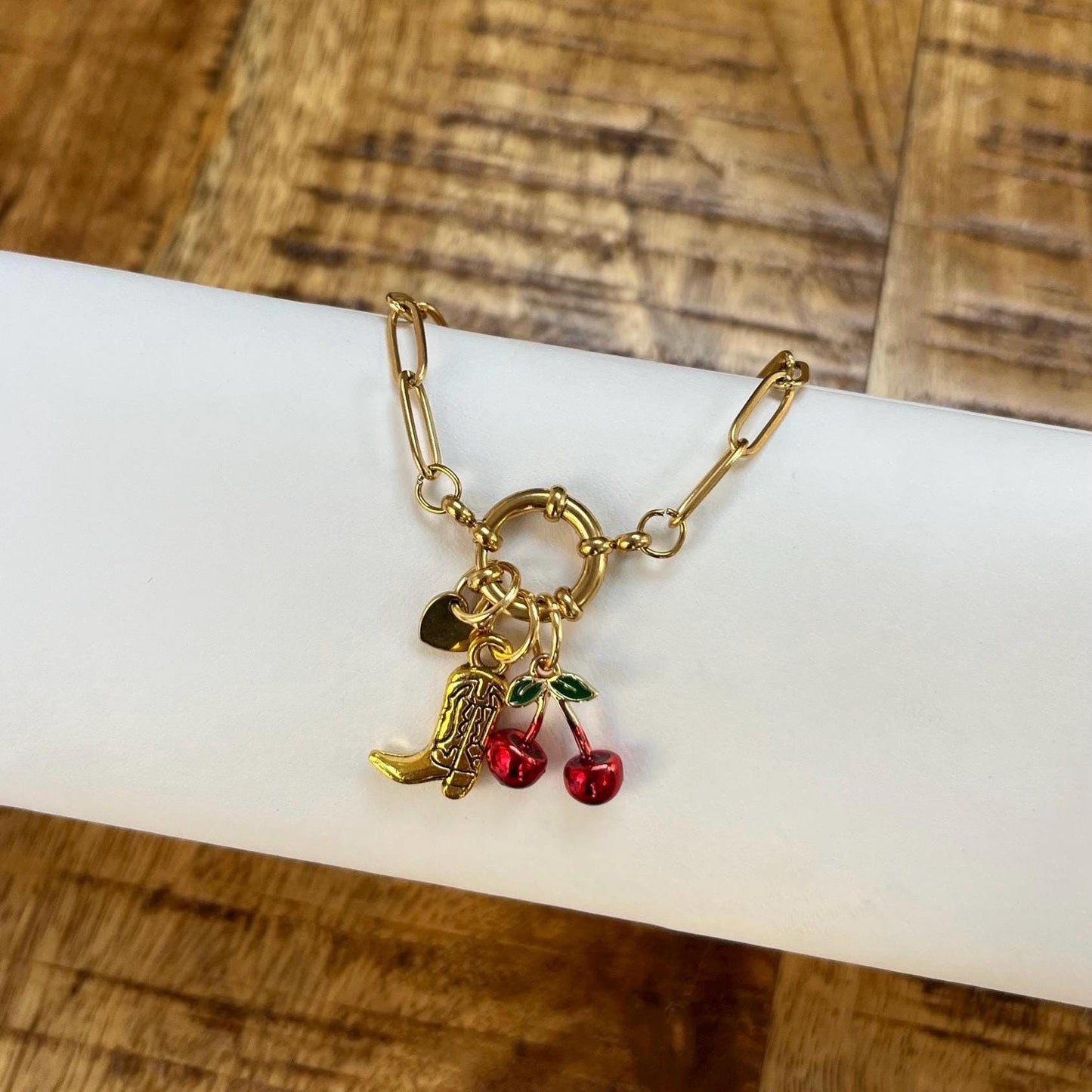 Gold Charm Bracelet with Cherry and Cowboy Boot Charms