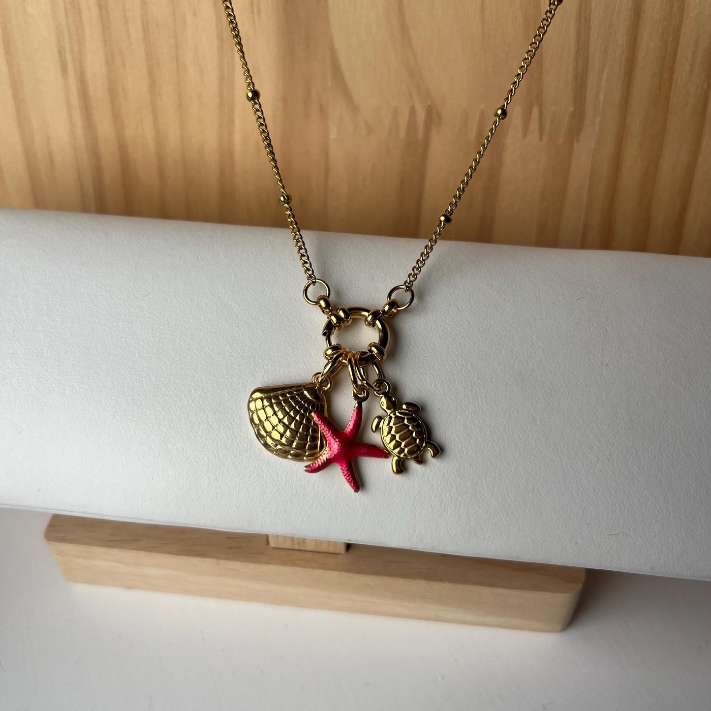 Gold Charm Necklace with Starfish, Turtle, Seashell
