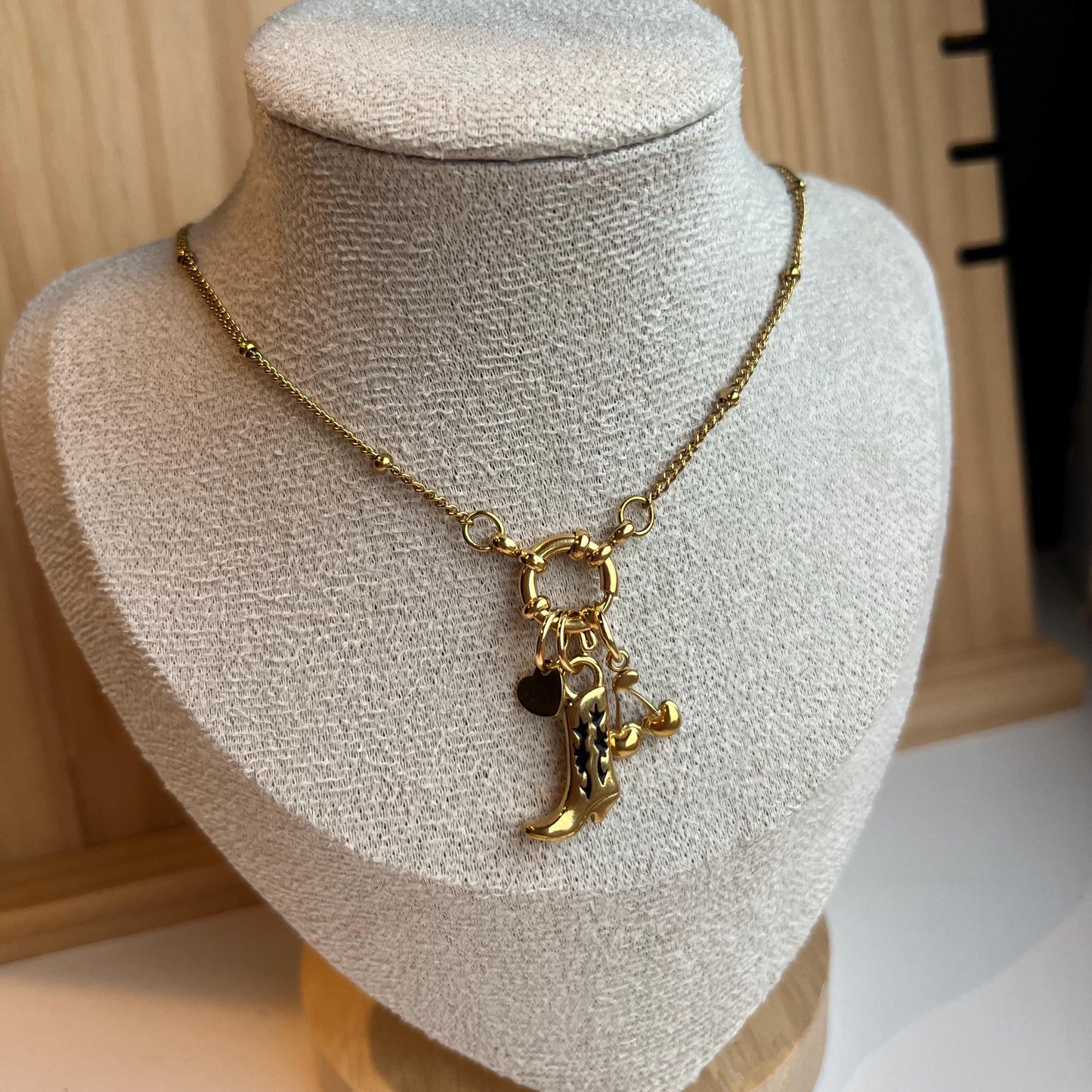 Cowboy Boot Cherries Dainty Gold Necklace