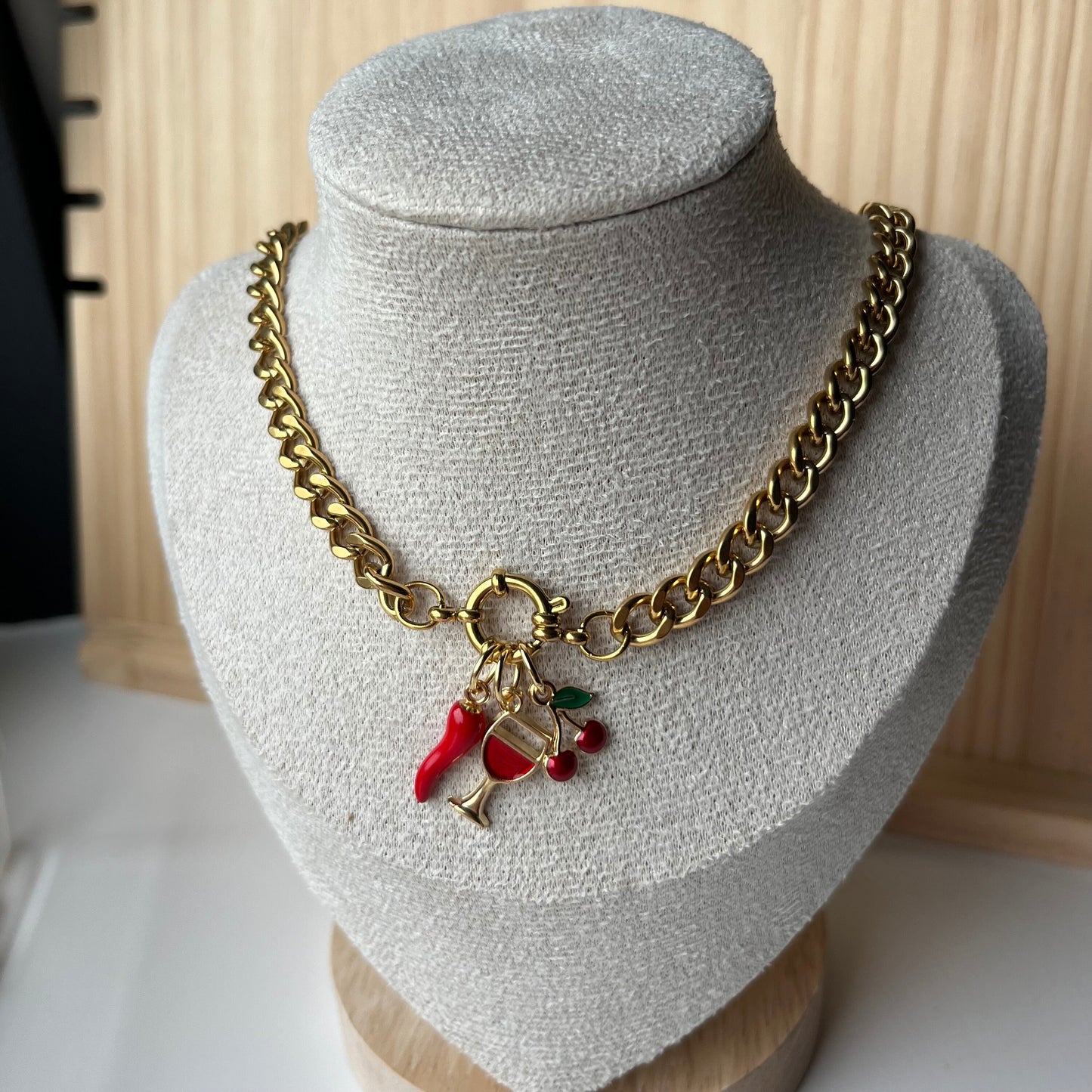 Gold Charm Necklace with Chilli, Cherry, Wine Glass Charms