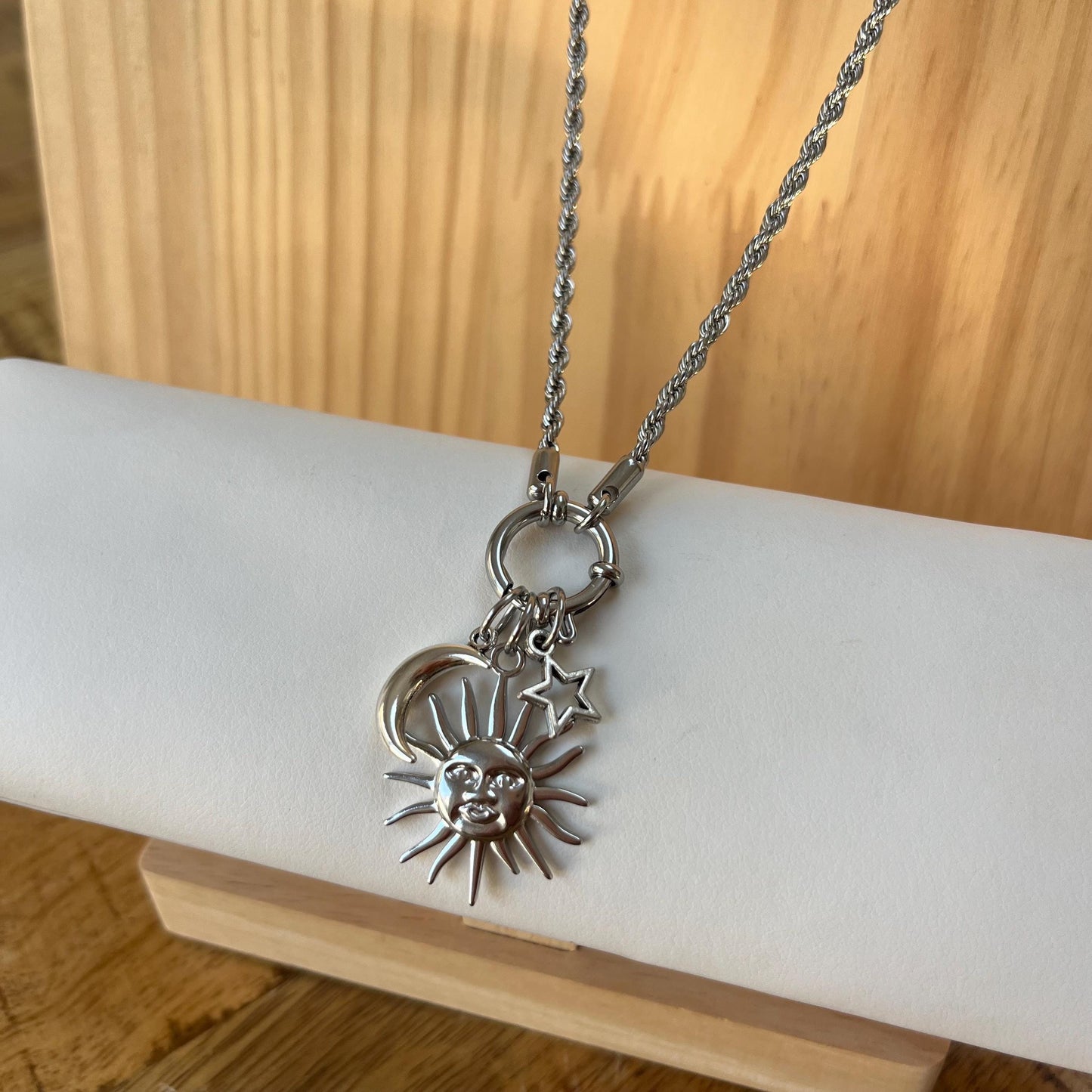 Silver Rope Necklace, Sun Moon Stars Charm, Handmade Spiritual Jewellery