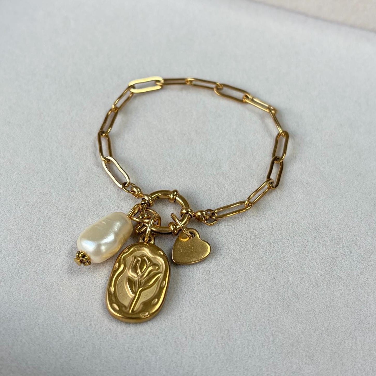 Gold Charm Bracelet with Rose and Pearl