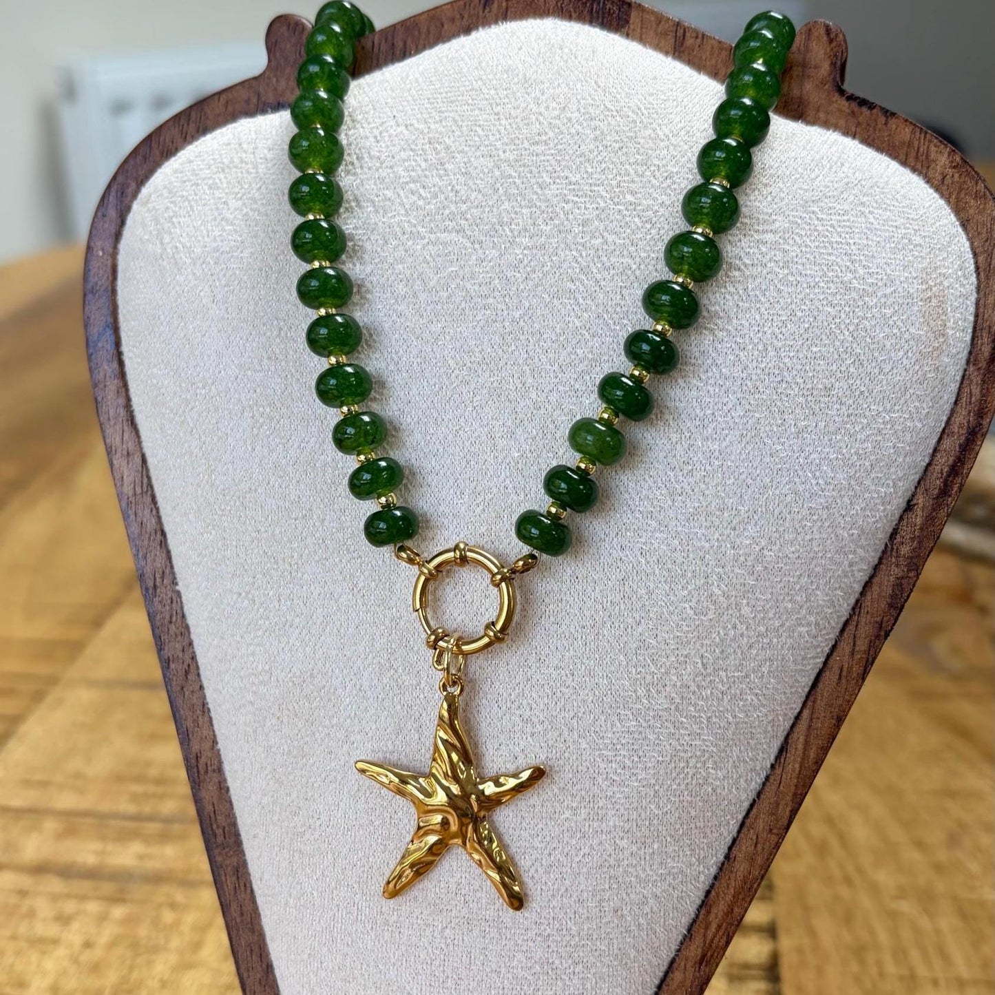 Green Glass Beaded Necklace with Gold Starfish Charm