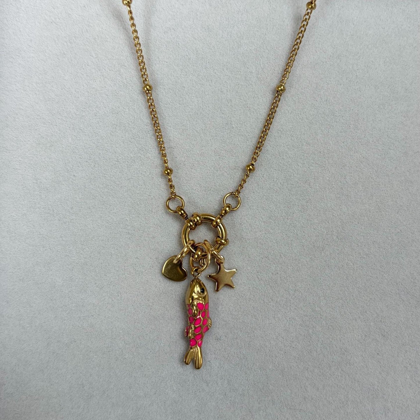 Pink Fish Star Heart Gold Necklace
