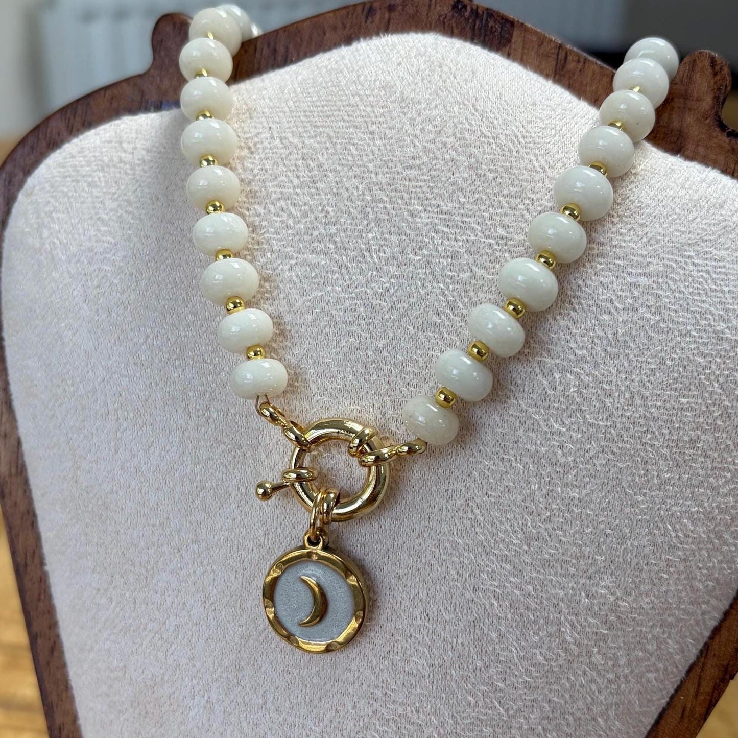 White Glass Gemstone Necklace with Gold Moon Charm