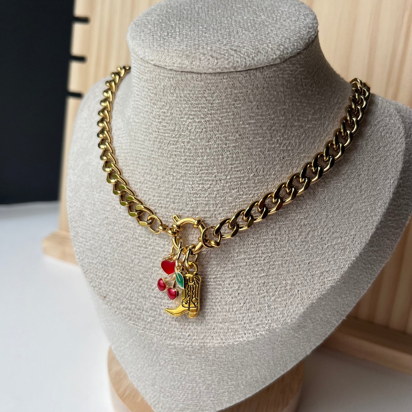 Chunky Gold Charm Necklace with Cherries and Cowboy Boot