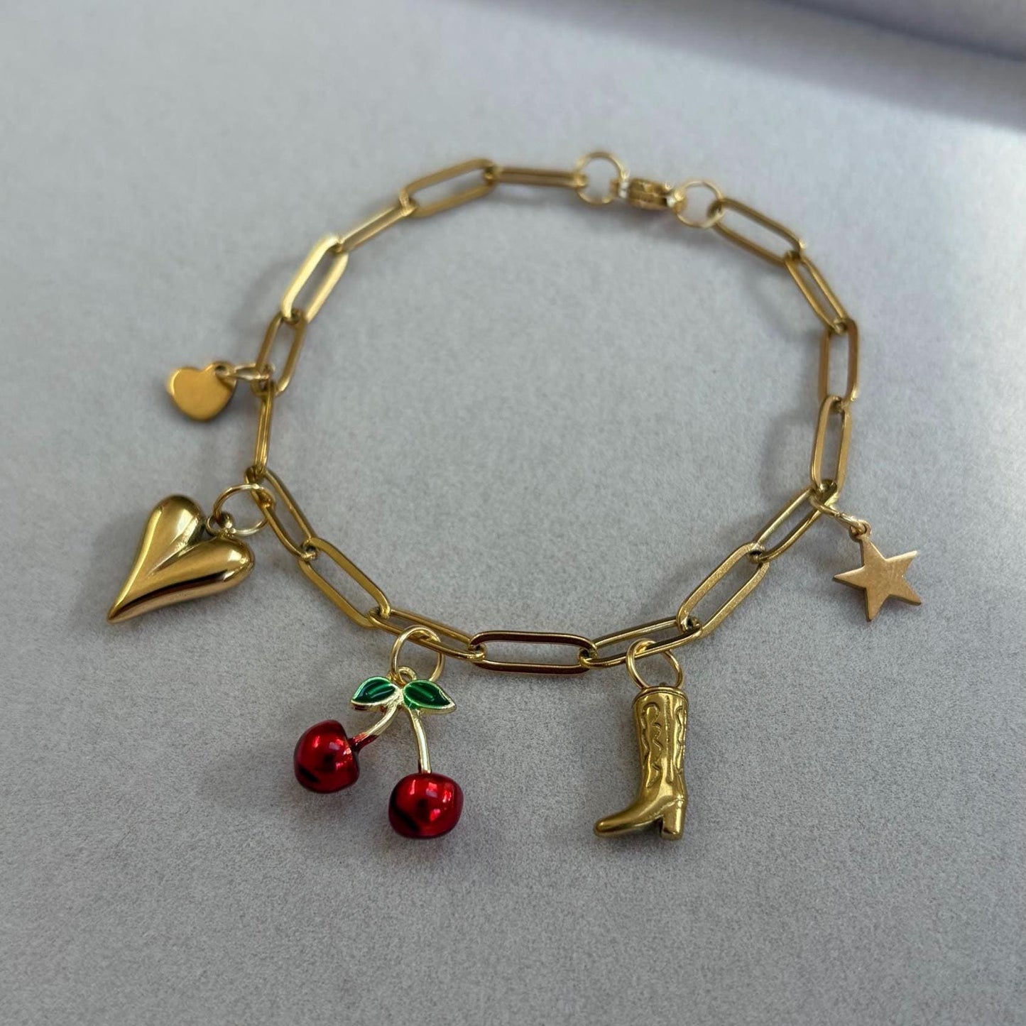 Gold Charm Bracelet with Cherry, Heart, Cowboy Boot and Star Charms