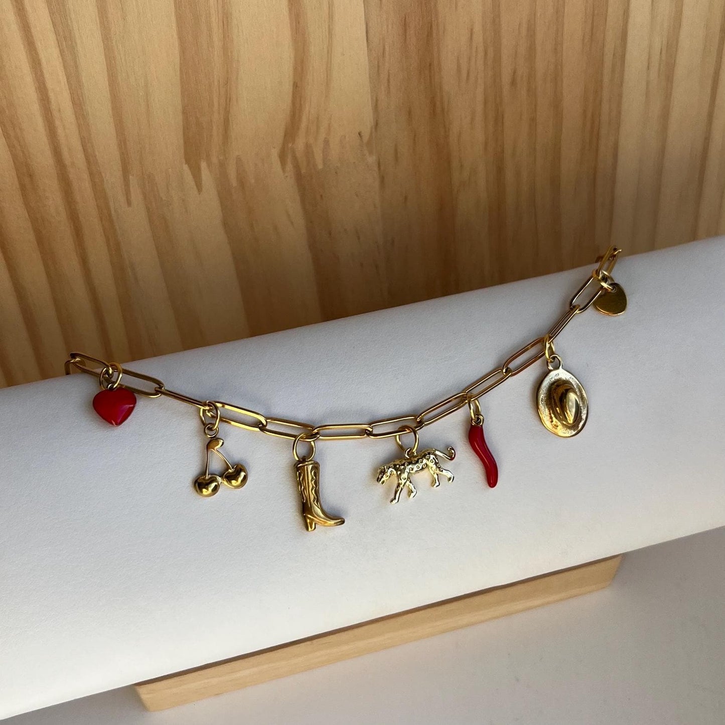 Gold Charm Bracelet – Red Leopard, Cowboy Boot, Cherry, Horse, Chilli, Hat