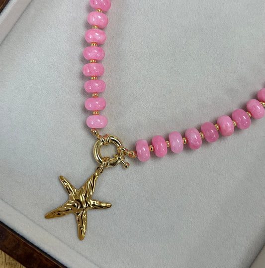 Pink Glass Beaded Necklace with Gold Starfish Charm