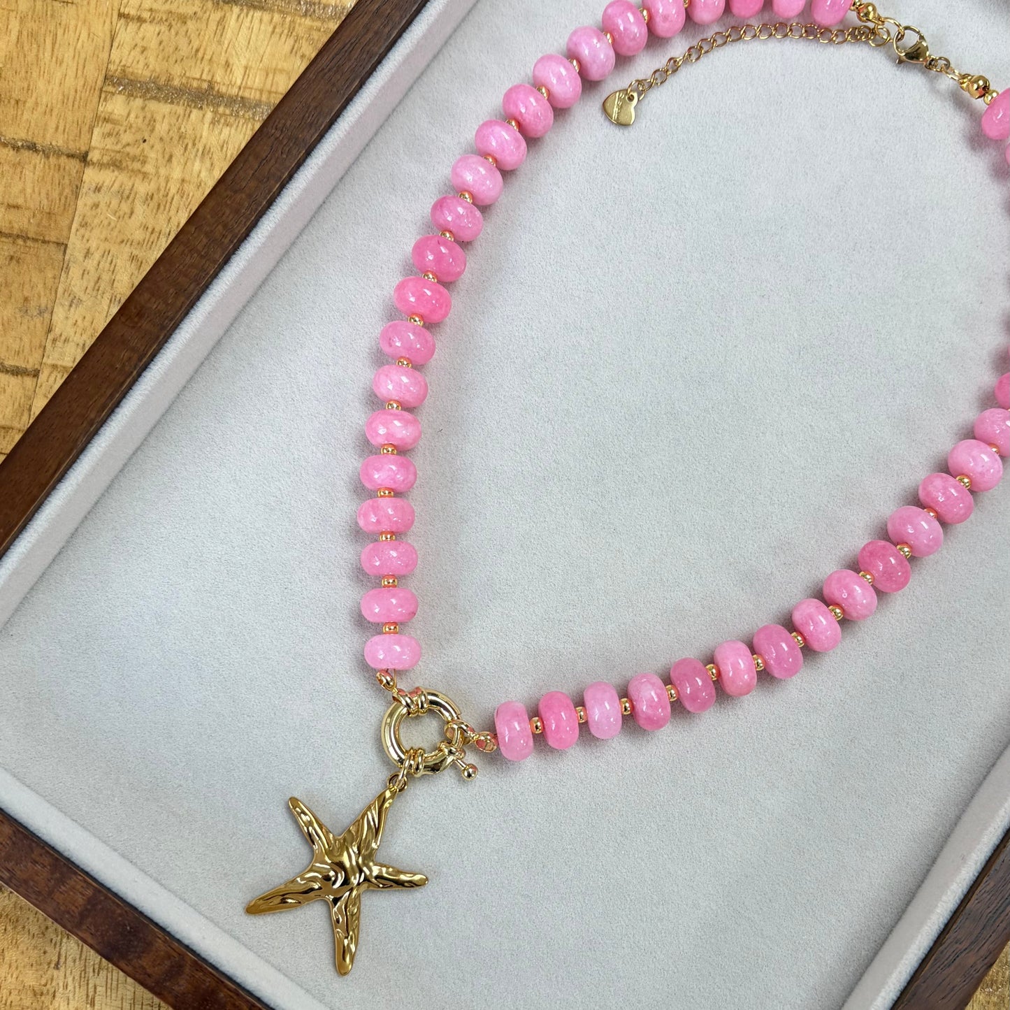 Pink Glass Beaded Necklace with Gold Starfish Charm
