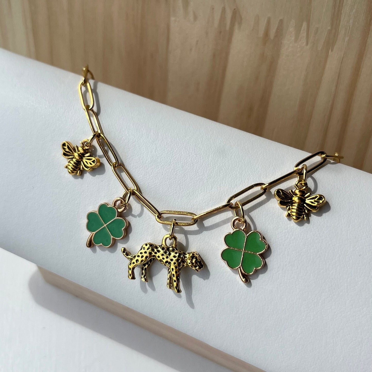 Gold Charm Bracelet with Clover, Leopard, Bee Charms