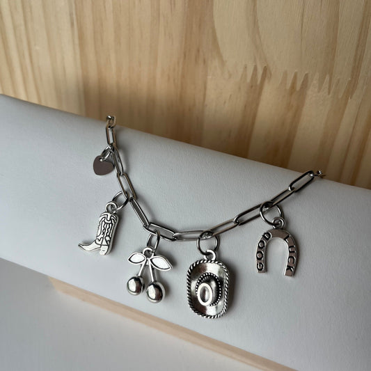 Silver Charm Bracelet with Cherries, Cowboy Boot, Horseshoe