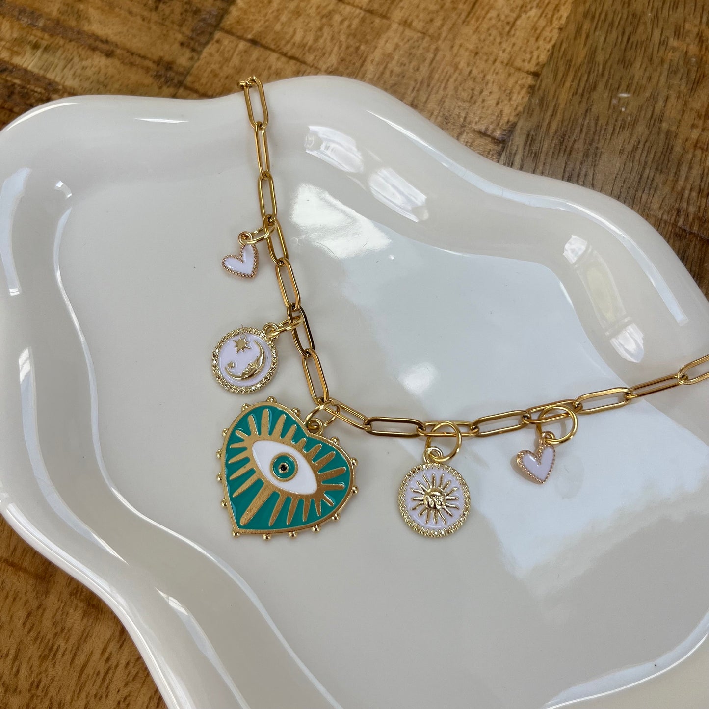 Gold Charm Necklace with Turquoise Heart Evil Eye, Moon, Stars