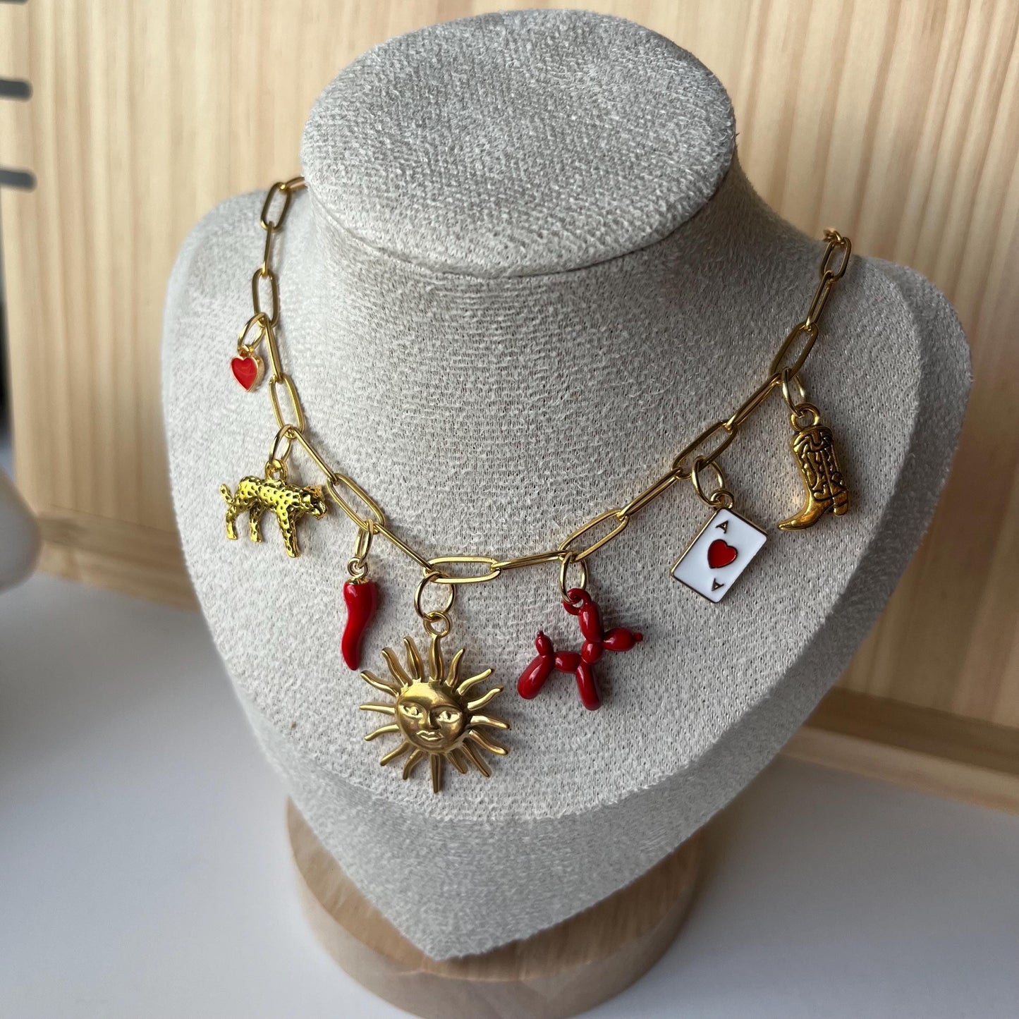 Gold Charm Necklace with Cherries, Sun, Cowboy Boot