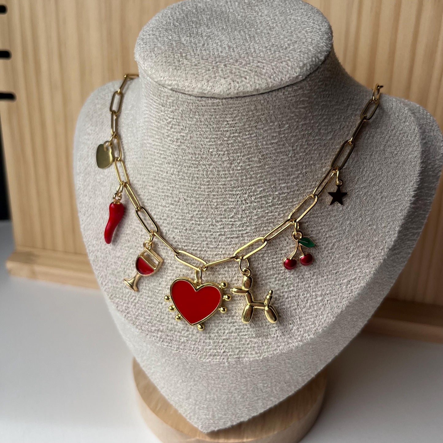 Gold Charm Necklace with Cherries, Disco Cowboy Boot, Heart Charms
