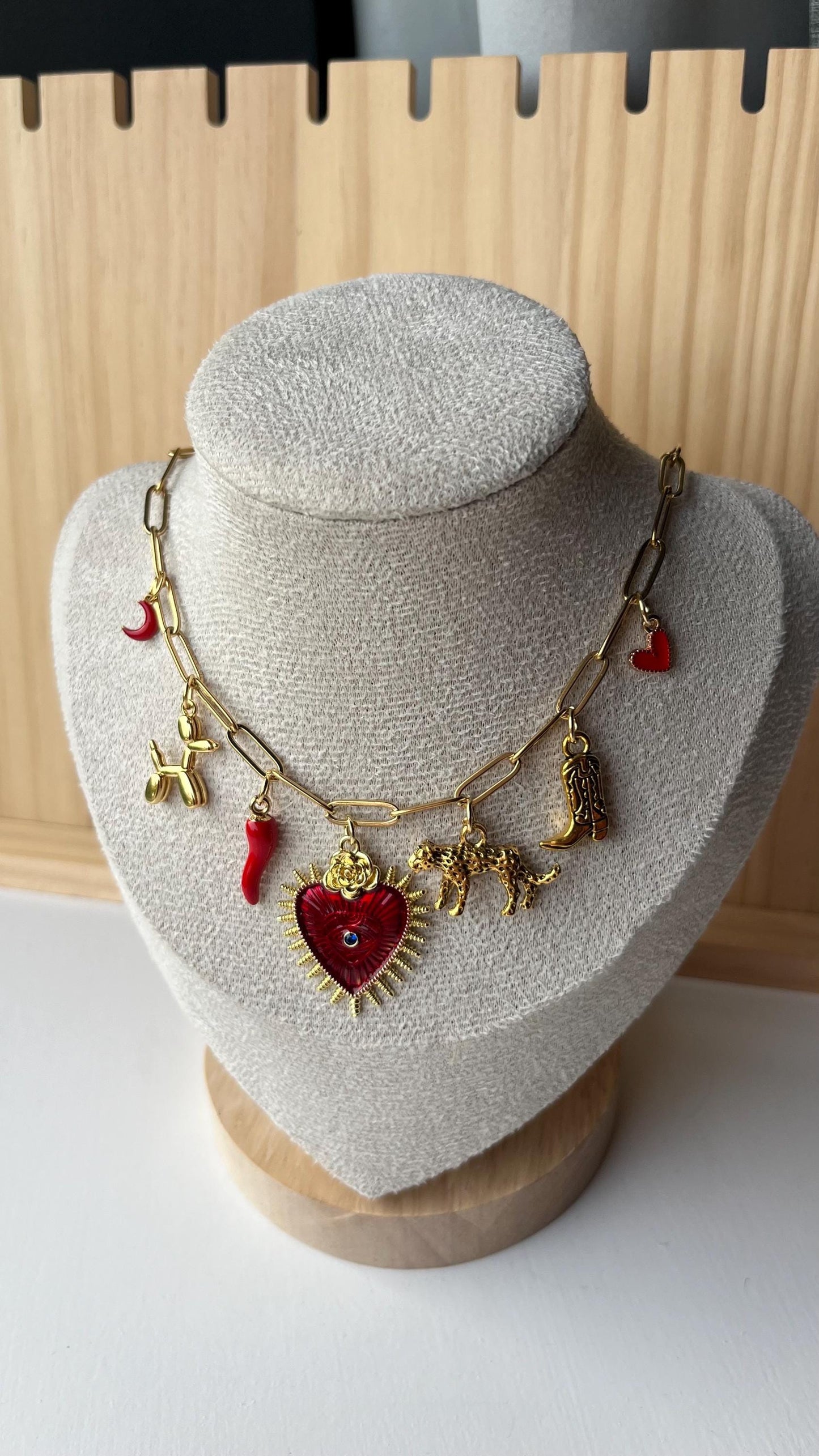 Gold Charm Necklace with Red Heart, Boot, Dog, Leopard Charms