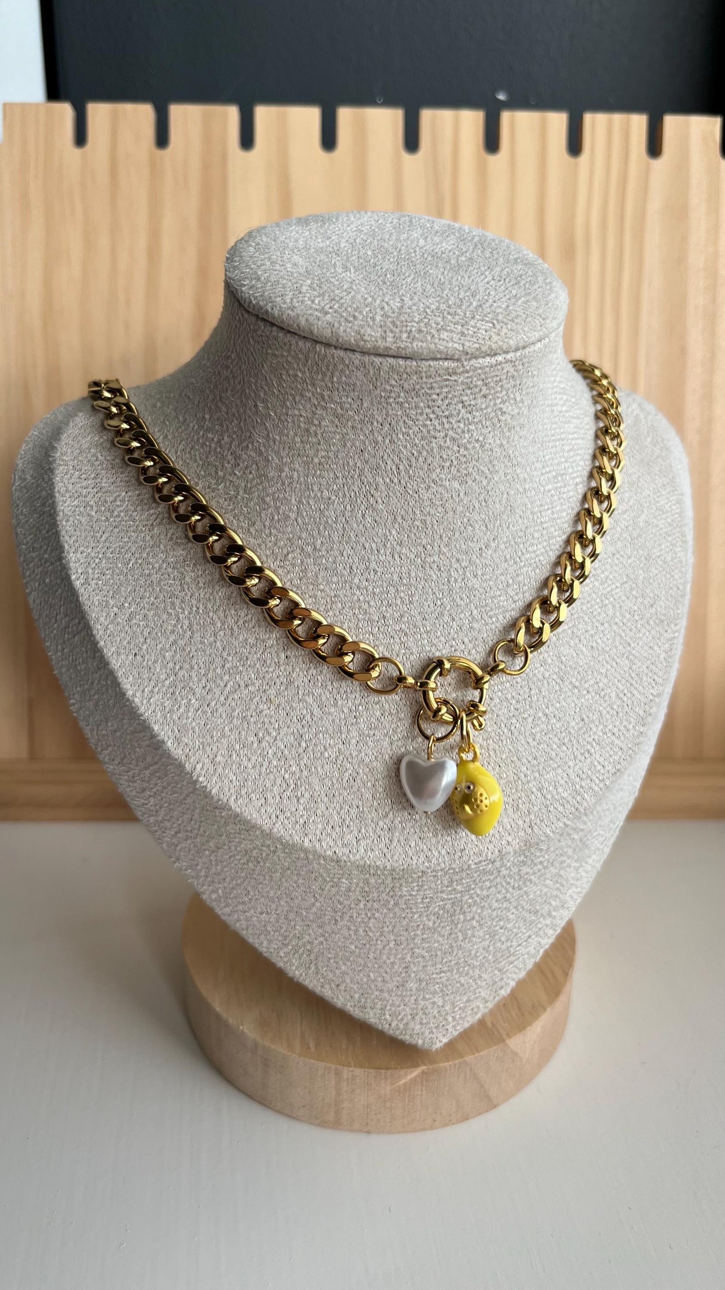 Gold Chunky Charm Necklace with Lemon and Pearl Hearts