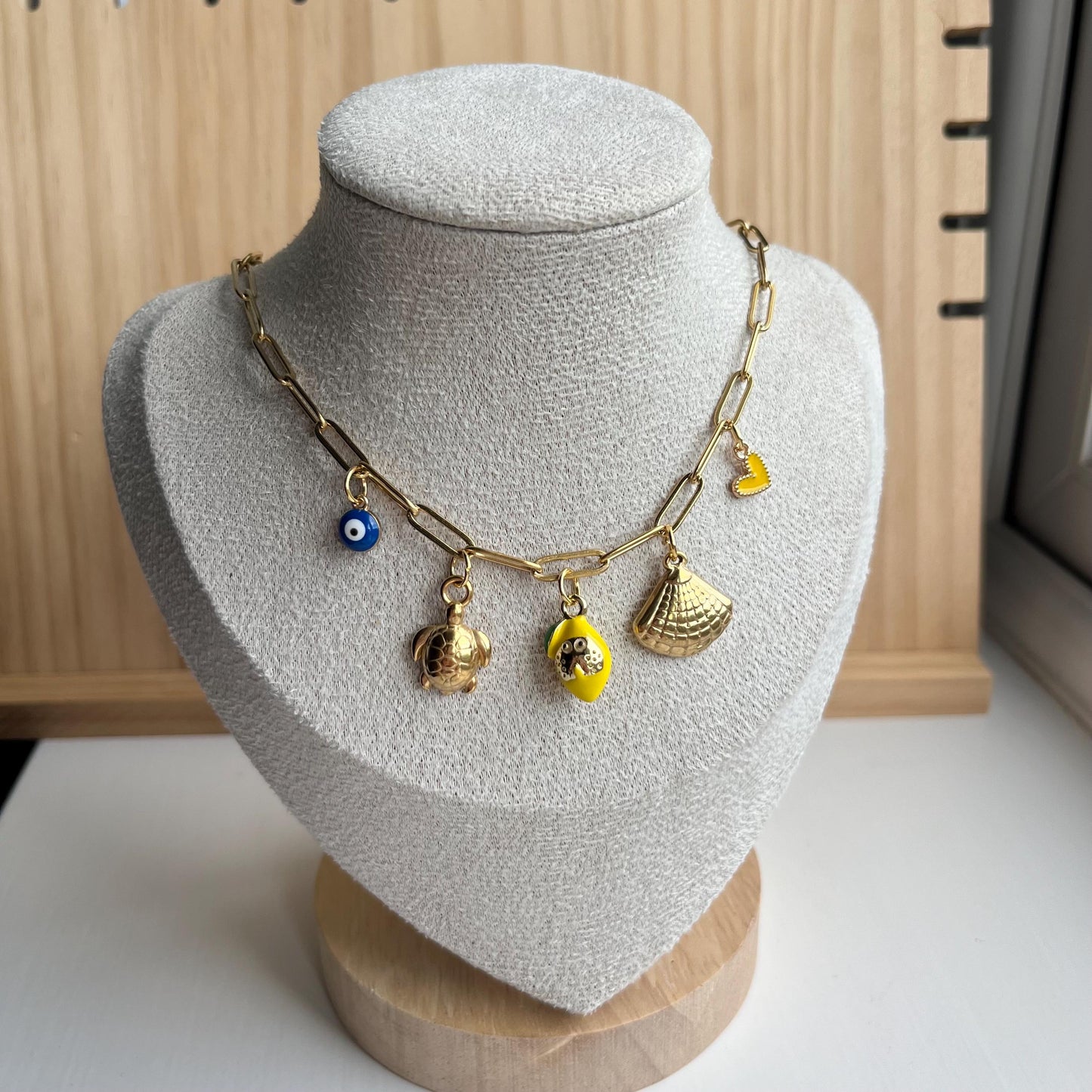 Gold Charm Necklace – Italy Lemon Charm Turtle, Evil Eye, Shell Charms