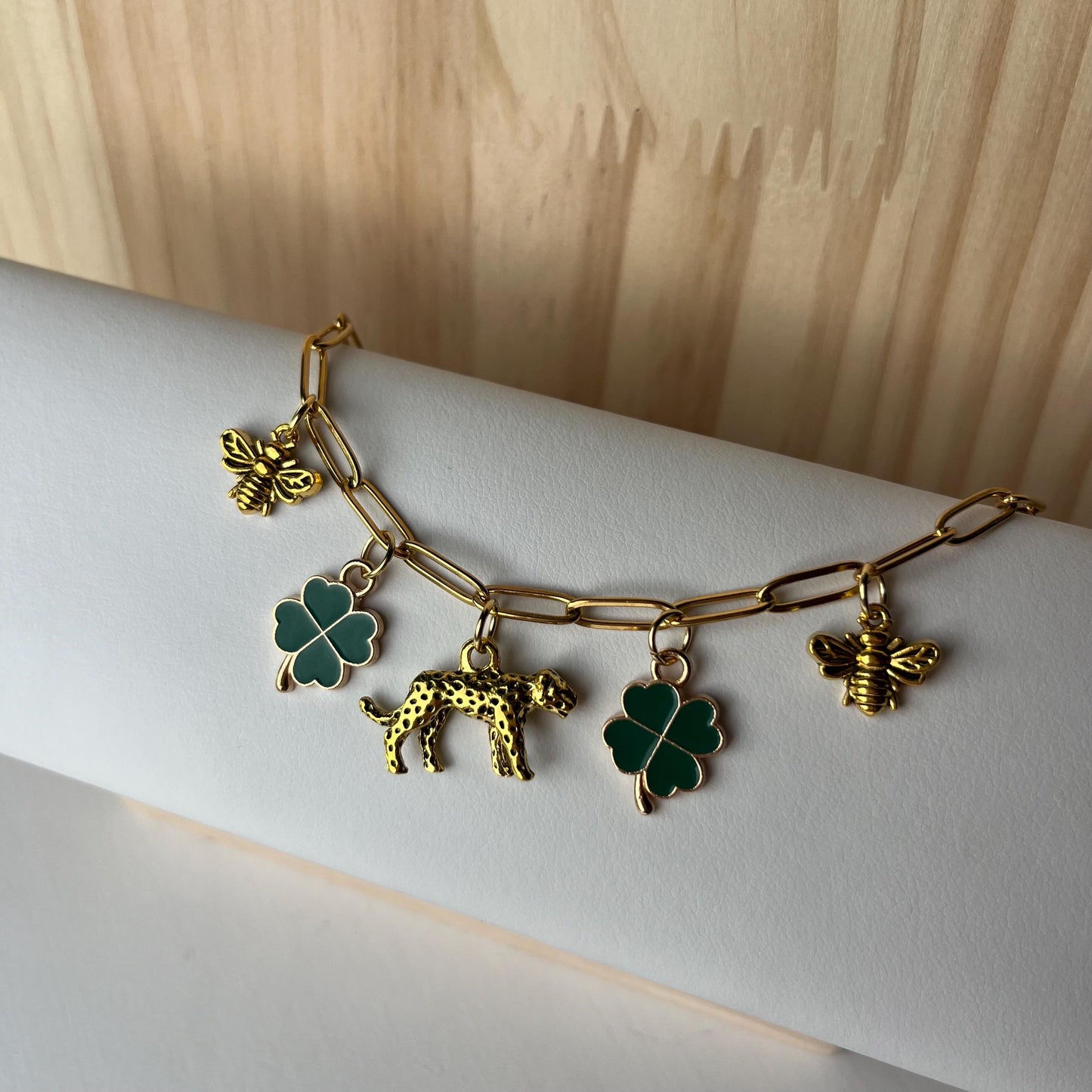 Emerald Clover Leopard Bee Charm Necklace