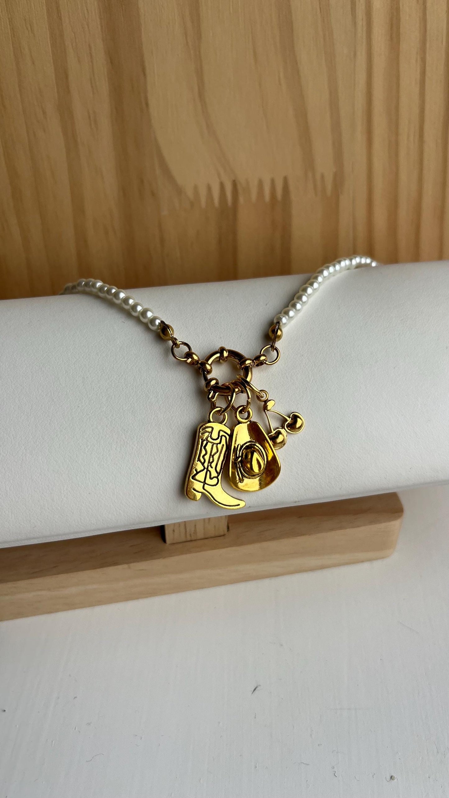 Pearl Cherries Cowboy Charm Necklace