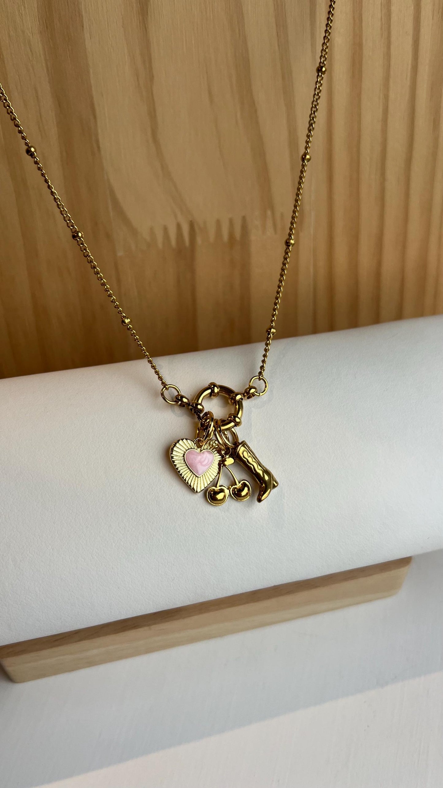 Gold Dainty Necklace with Heart, Cherries, Cowboy Boot Charms