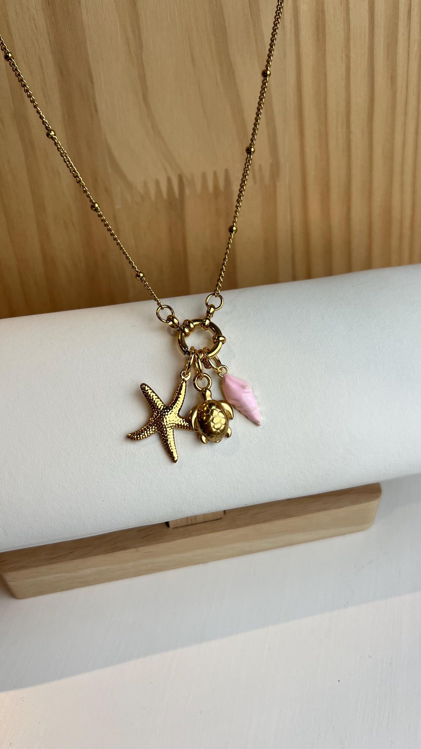 Gold Charm Necklace with Pink Shell, Turtle, Starfish