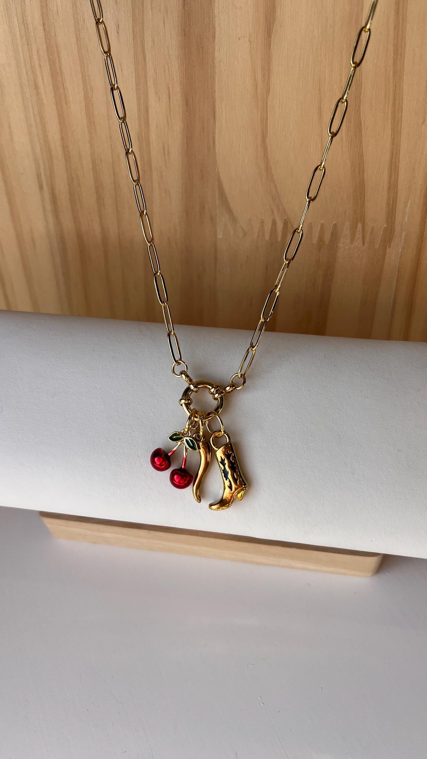 Gold Paperclip Necklace, Chilli, Cherry, Cowboy Boot Charms