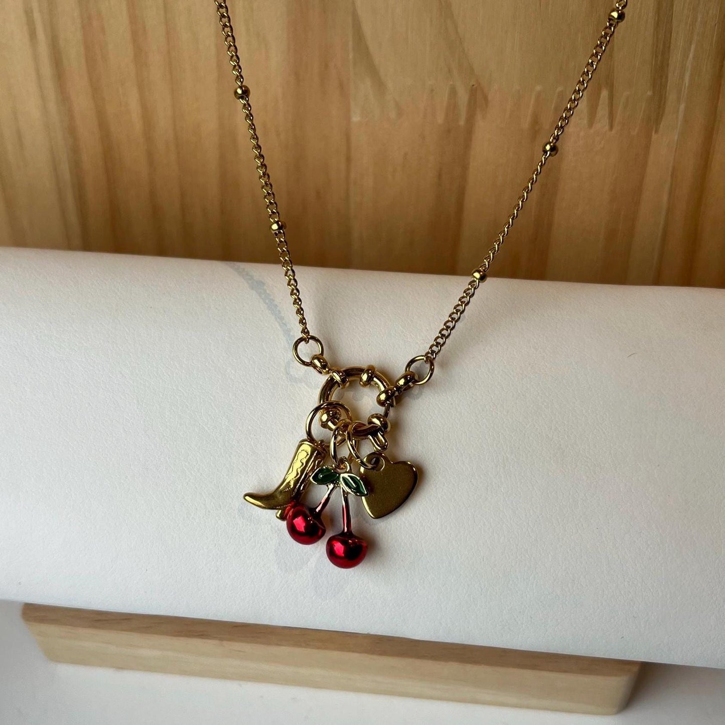 Cowboy Boot Cherry Heart Dainty Gold Charm Necklace