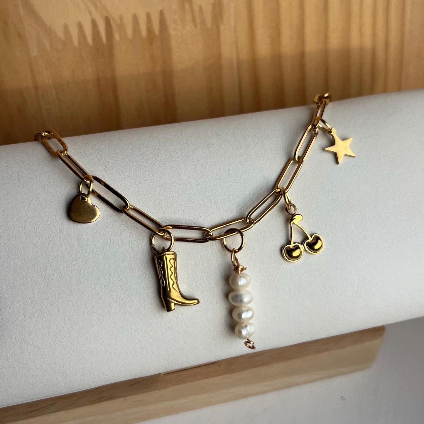 Gold Charm Necklace with Cherries, Pearls, Heart, Star, Boot