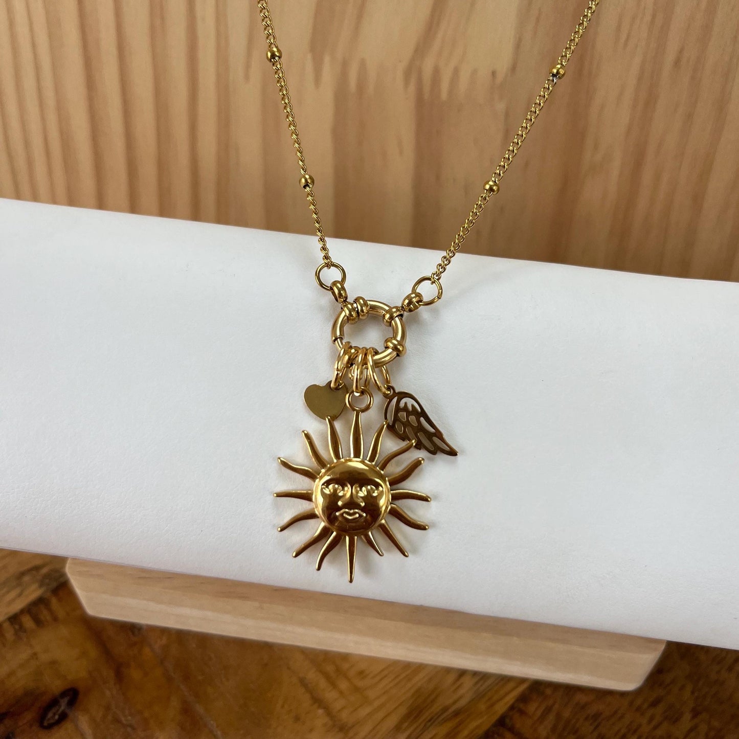 Gold Sun and Angel Wing Dainty Necklace