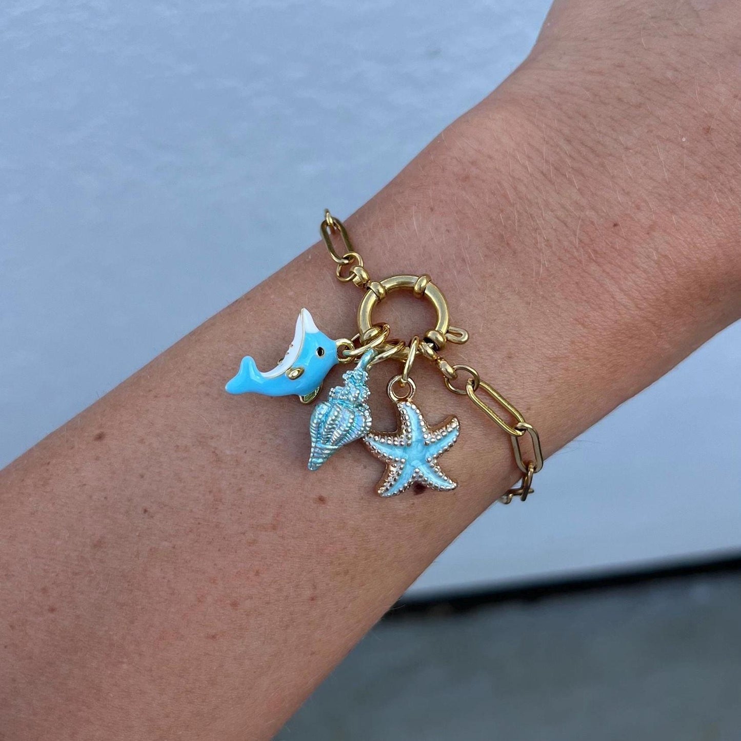 Gold Dolphin Seashell Starfish Charm Bracelet